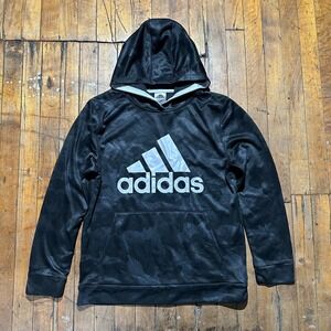 adidas Hoodie Youth XL Black Camouflage Fleece Spellout Logo Kangaroo Pocket
